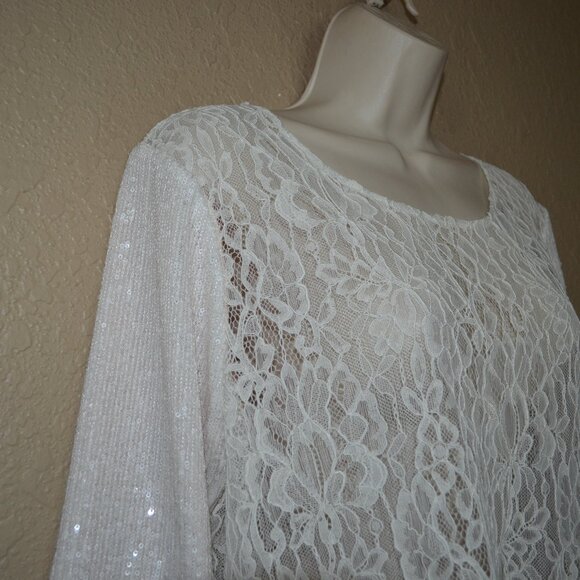 Sz 4 Loyd/Ford White Lace Top Contrast Sequin 3/4 Sleeve Blouse Top - Picture 4 of 7